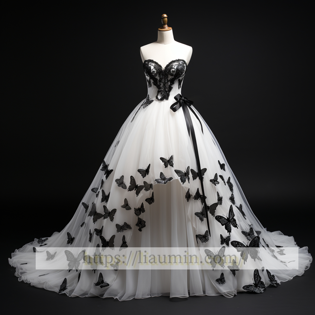 White Tulle and Black Applique Ball Gwon Wedding Dress Prom Princess Dress Custom W5-2.22