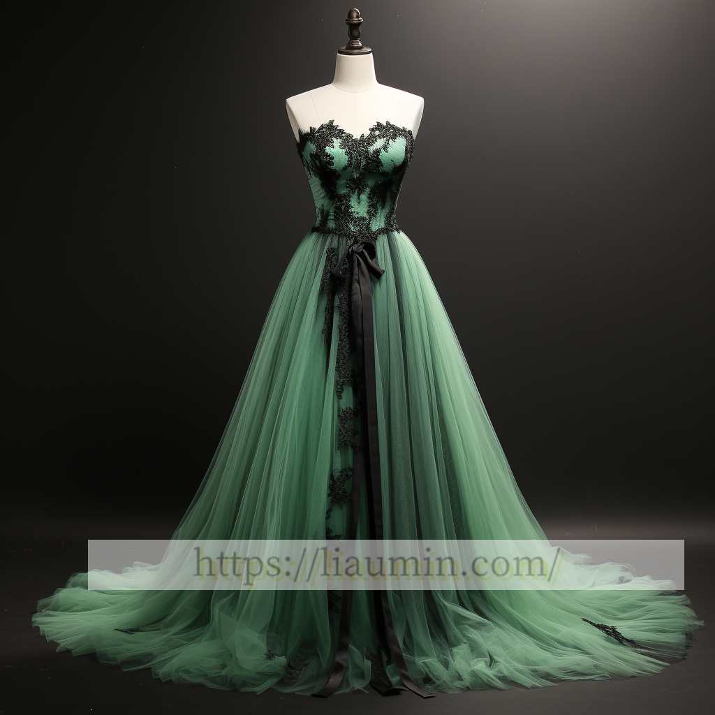 Green Tulle and Black Applique Full Length Evening Party Prom Princess Dress Custom W5-2.23
