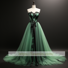 Load image into Gallery viewer, Green Tulle and Black Applique Full Length Evening Party Prom Princess Dress Custom W5-2.23
