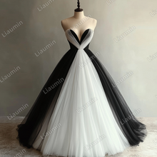 Load image into Gallery viewer, Custom Classic White Black Tulle V Neck Wedding Evening Prom Formal Lace Up Back Princess Dress C-2.23
