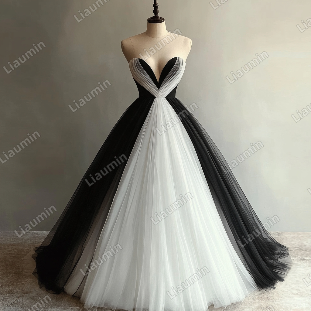 Custom Classic White Black Tulle V Neck Wedding Evening Prom Formal Lace Up Back Princess Dress C-2.23