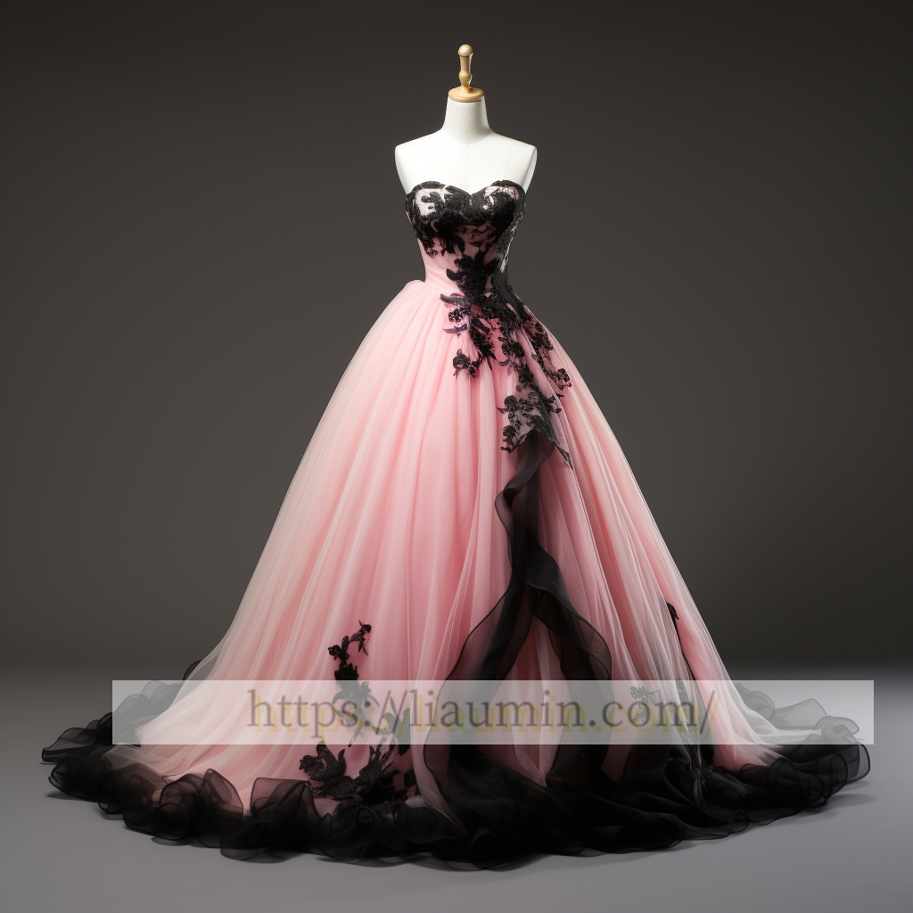 Pink Tulle and Black Applique Full Length Evening Party Prom Princess Dress Custom W5-2.24