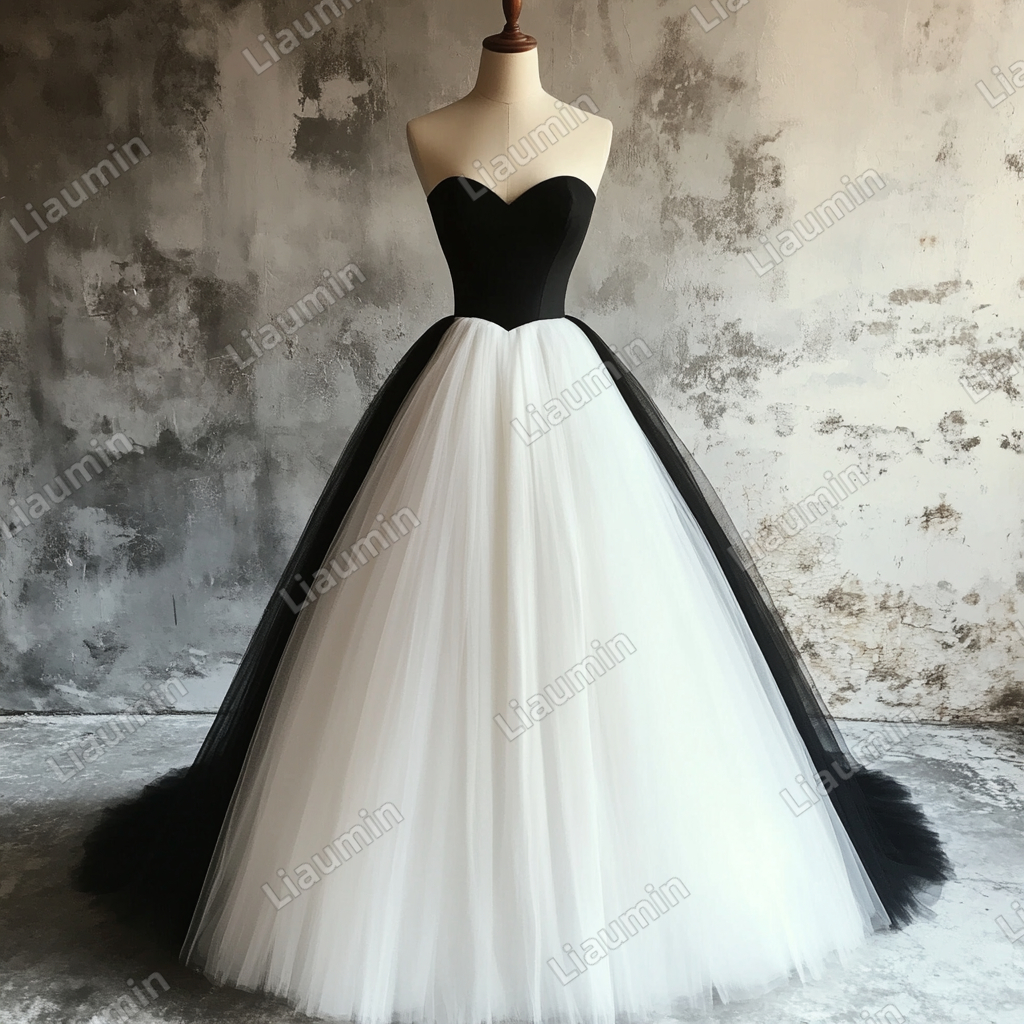 Custom Classic White Black Tulle Strapless Wedding Evening Prom Formal Lace Up Back Princess Dress C-2.24