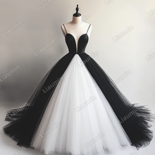 Load image into Gallery viewer, Custom Classic White Black Tulle Strap V Neck Wedding Evening Prom Formal Lace Up Back Princess Dress C-2.25
