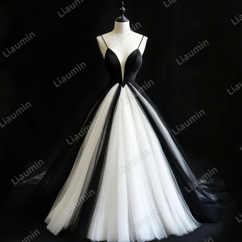 Custom Classic White Black Tulle Strap V Neck Wedding Evening Prom Formal Lace Up Back Princess Dress C-2.26