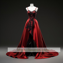 Load image into Gallery viewer, Red Satin Lace Applique Long Evening Party Prom Princess Homecoming Dress W5-2.27
