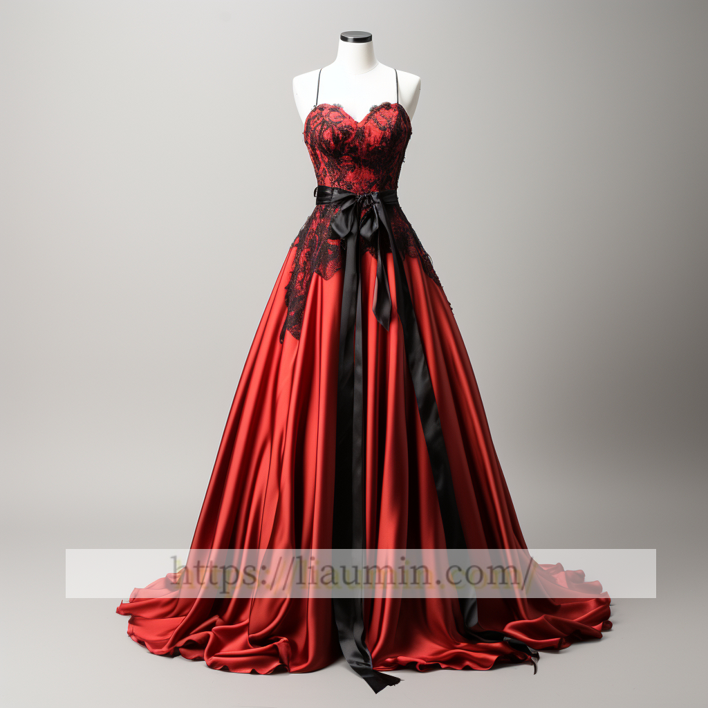Red Satin And Black Applique Full Length Evening Party Prom Formal Occasion Princess Dress W5-2.29