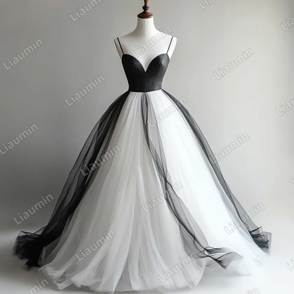 Custom White Black Tulle Strap Wedding Evening Prom Formal Lace Up Back Princess Dress C-2.2