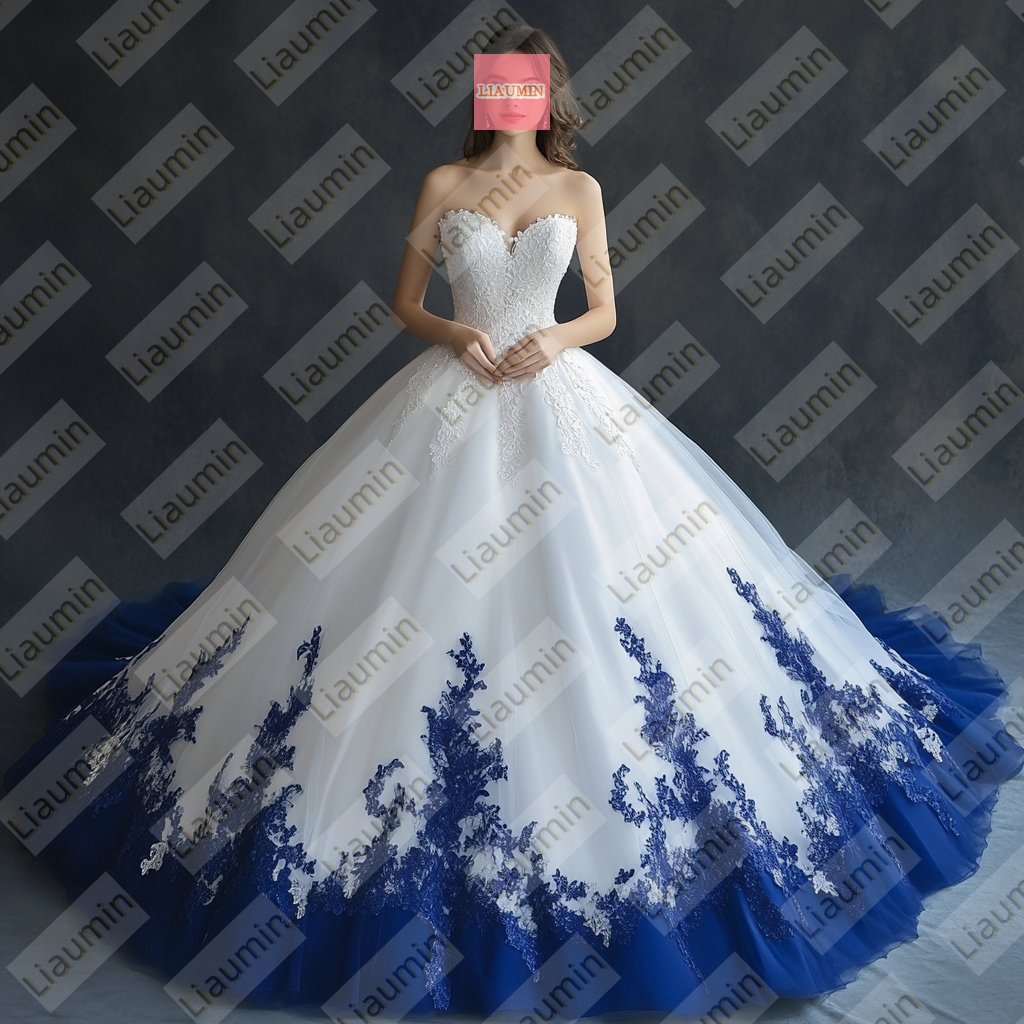 Customized White Tulle and Blue Lace Applique Wedding Evening Prom Formal Princess Dress W19.2.2