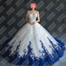 Load image into Gallery viewer, Customized White Tulle and Blue Lace Applique Wedding Evening Prom Formal Princess Dress W19.2.2
