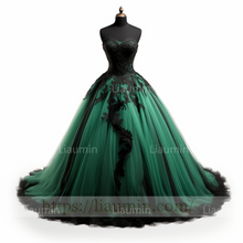 Load image into Gallery viewer, Green Tulle Black Lace Applique Strap Evening Party Prom Formal Occasion Princess Dress B-2.2
