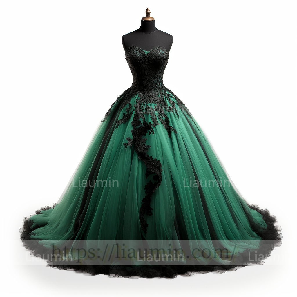 Green Tulle Black Lace Applique Strap Evening Party Prom Formal Occasion Princess Dress B-2.2