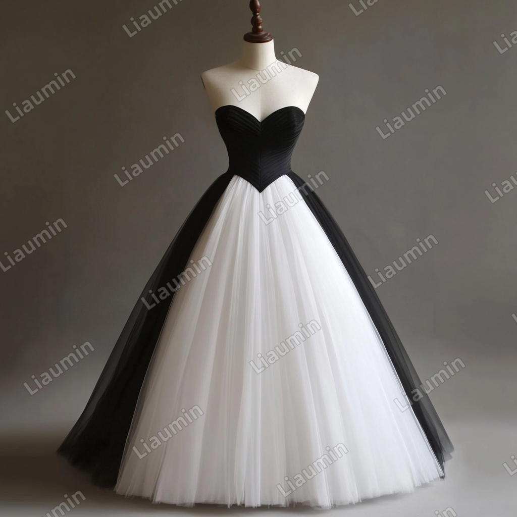 Custom Classic White Black Tulle Strapless Wedding Evening Prom Formal Lace Up Back Princess Dress C-2.30