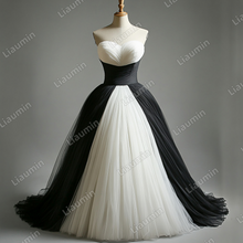 Load image into Gallery viewer, Custom Classic White Black Tulle Strapless Wedding Evening Prom Formal Lace Up Back Princess Dress C-2.31
