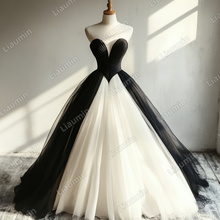 Load image into Gallery viewer, Custom Classic Ivory Black Tulle Strapless Wedding Evening Prom Formal Lace Up Back Princess Dress C-2.32
