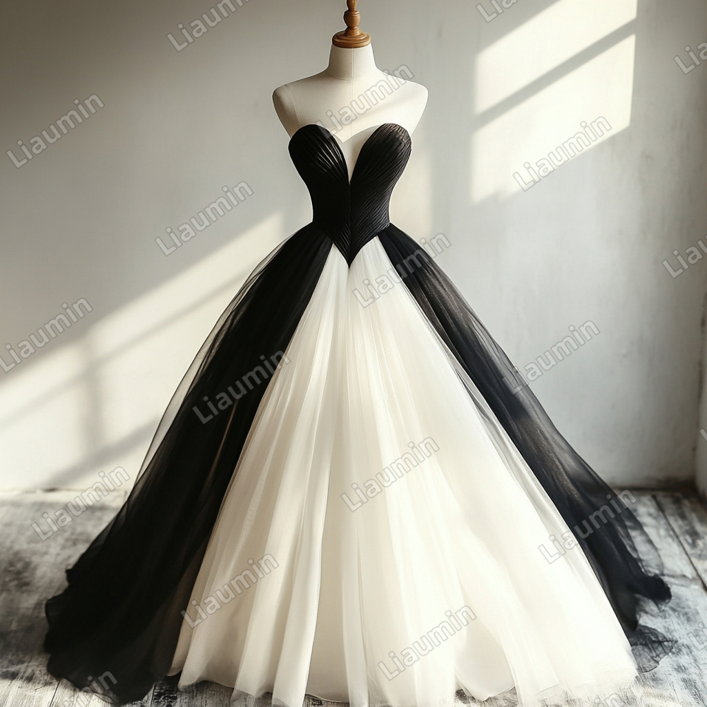 Custom Classic Ivory Black Tulle Strapless Wedding Evening Prom Formal Lace Up Back Princess Dress C-2.32