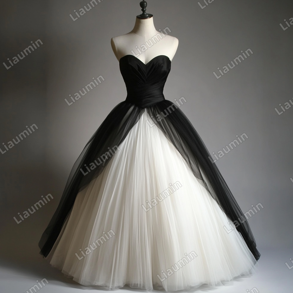 Custom Classic Ivory Black Tulle Strapless Wedding Evening Prom Formal Lace Up Back Princess Dress C-2.33