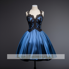 Load image into Gallery viewer, Blue Satin Black Lace Short Evening Party Prom Princess Homecoming Dress Custom W5-2.34
