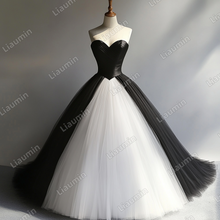 Load image into Gallery viewer, Custom Classic White Black Tulle Strapless Wedding Evening Prom Formal Lace Up Back Princess Dress C-2.34
