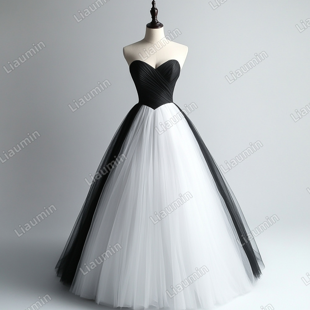 Custom Classic White Black Tulle Strapless Wedding Evening Prom Formal Lace Up Back Princess Dress C-2.35