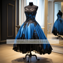 Load image into Gallery viewer, Blue Satin Black Lace Strapless Short Evening Party Prom Princess Homecoming Dress Custom W5-2.37
