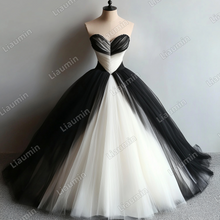 Load image into Gallery viewer, Custom Classic Ivory Black Tulle Strapless Wedding Evening Prom Formal Lace Up Back Princess Dress C-2.37
