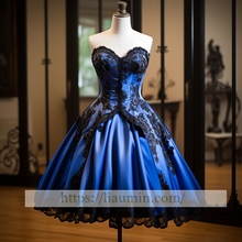 Load image into Gallery viewer, Hand Made Blue Satin Black Lace Applique Strapless Short Length Evening Party Prom Formal Occasion Princess Dress W5-2.38
