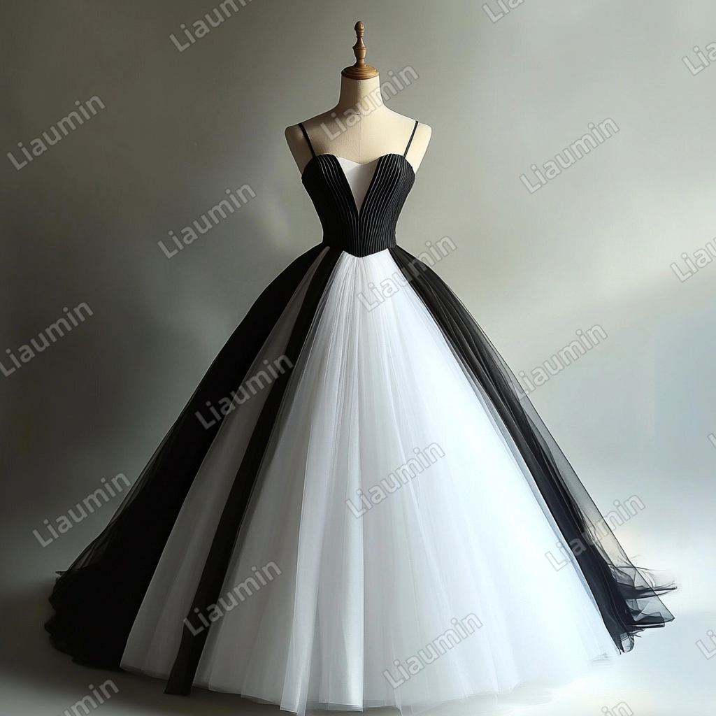 Custom White Black Tulle Strap Wedding Evening Prom Formal Lace Up Back Princess Dress C-2.3