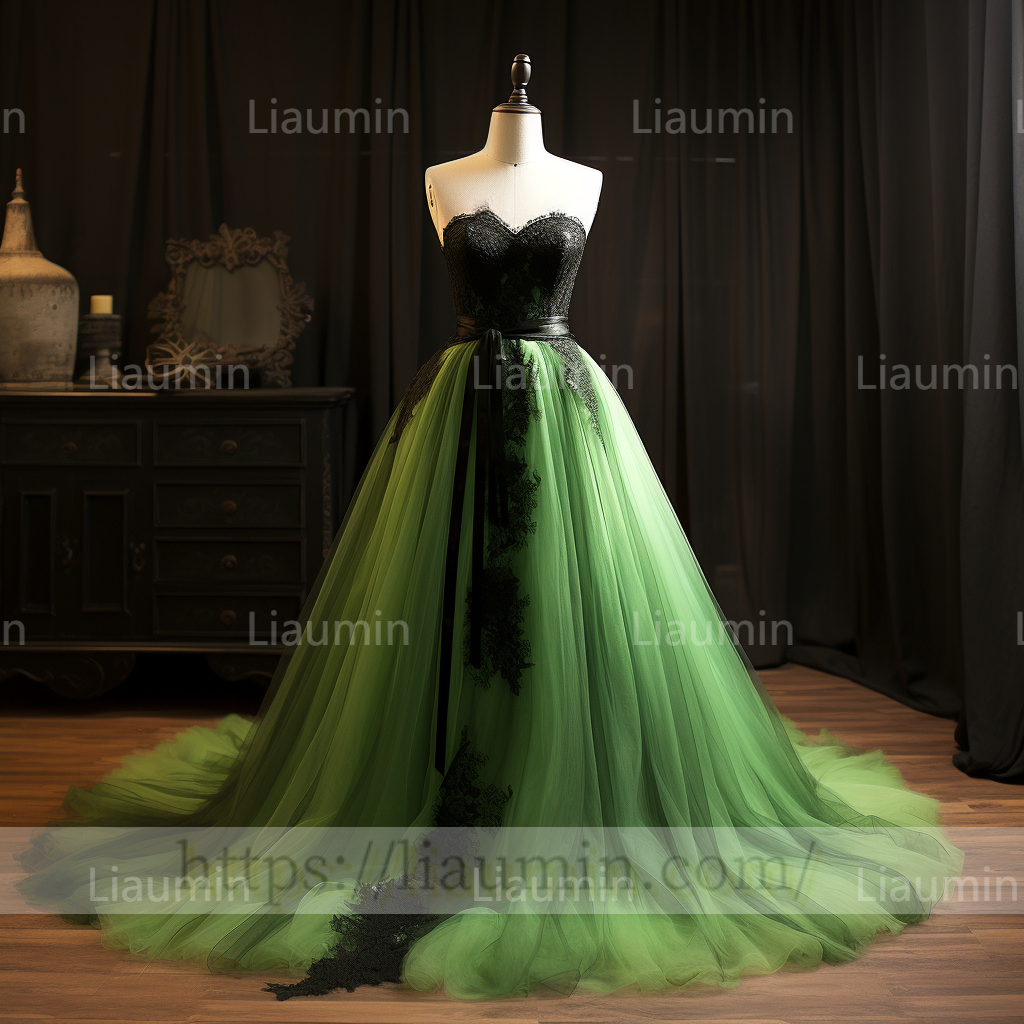 Green Tulle Black Lace Applique A Line Strapless Evening Party Prom Formal Occasion Princess Dress B-2.3