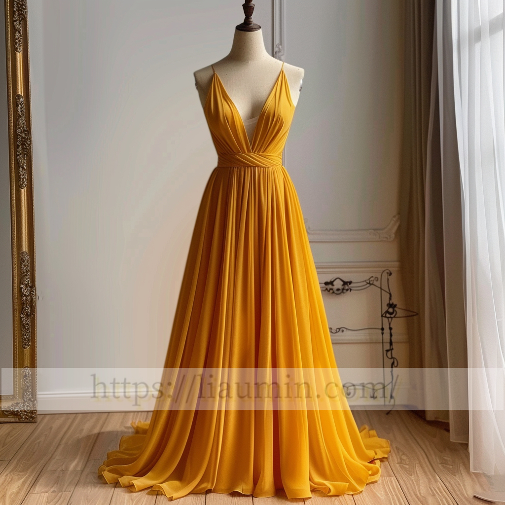 Yellow Full Length V Neck A Line Evening Party Prom Formal Princess Dress Hand Made Custom W15-2.3