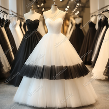 Load image into Gallery viewer, Custom Classic White Black Tulle Strapless Wedding Evening Prom Formal Lace Up Back Princess Dress C-2.40
