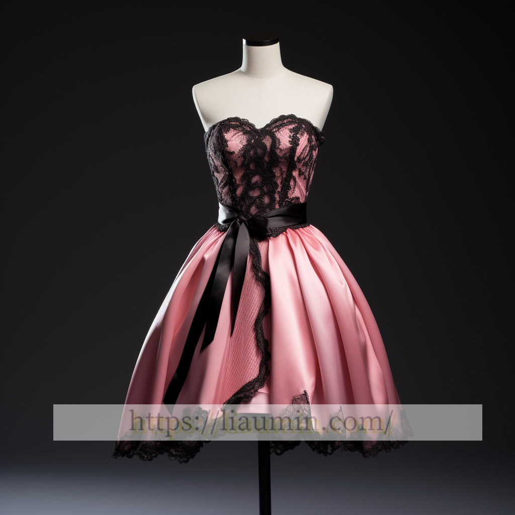 Pink Satin With Black Lace Short Evening Party Prom Princess Homecoming Dress Custom Size W5-2.45