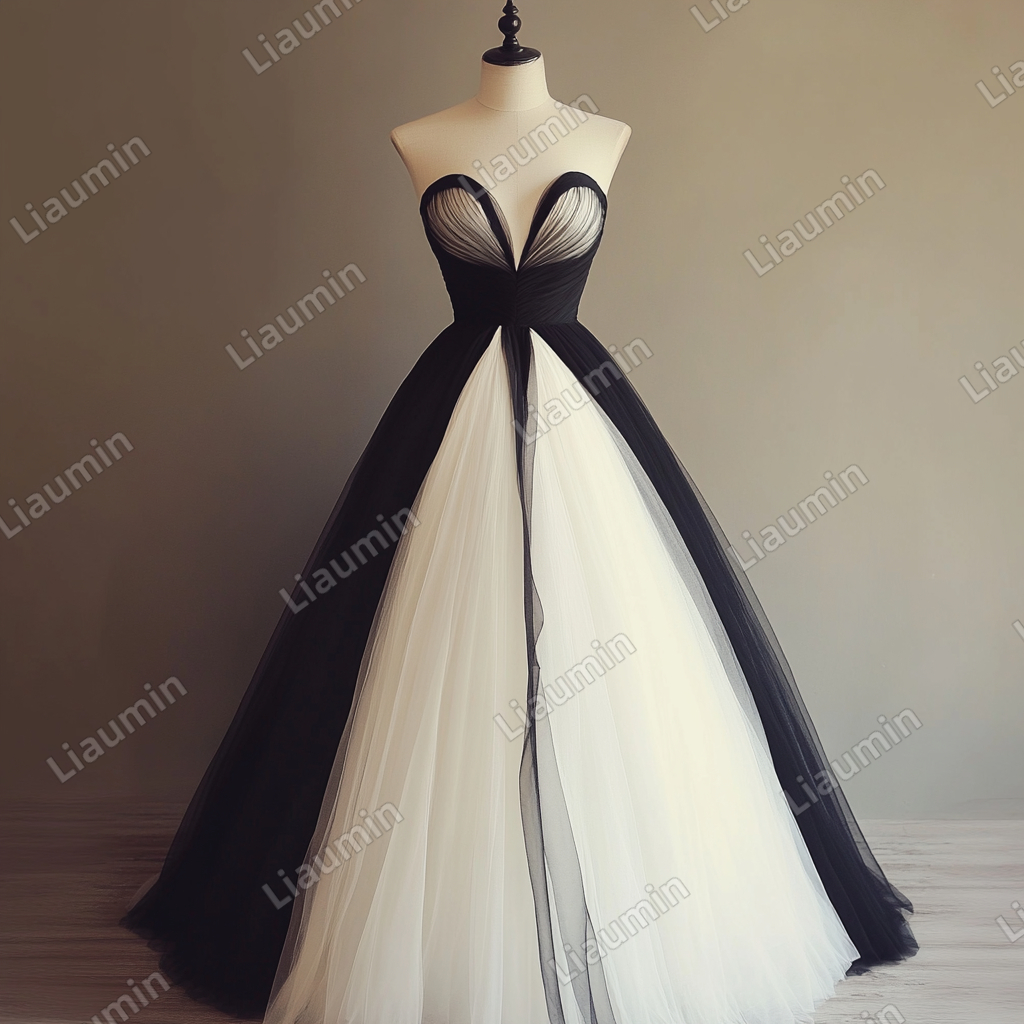 Custom Ivory Black Tulle Strapless Wedding Evening Prom Formal Lace Up Back Princess Dress C-2.4