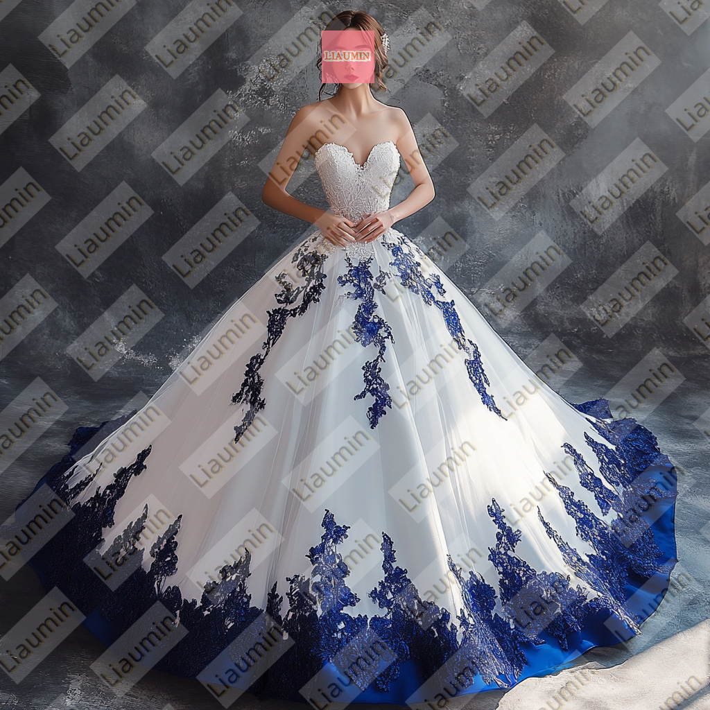 Customized White Tulle and Blue Lace Applique Wedding Evening Prom Formal Princess Dress W19.2.4