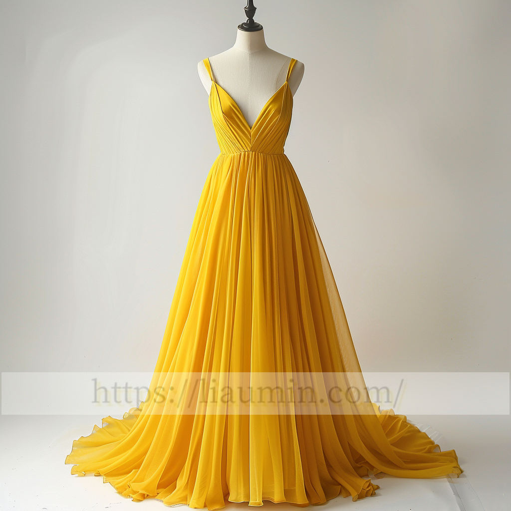 Yellow Full Length V Neck A Line Evening Party Prom Formal Princess Dress Hand Made W15-2.4