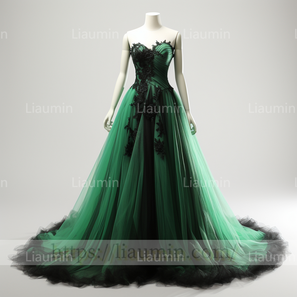 Green Tulle Black Lace Applique Evening Party Prom Formal Occasion Princess Dress B-2.4