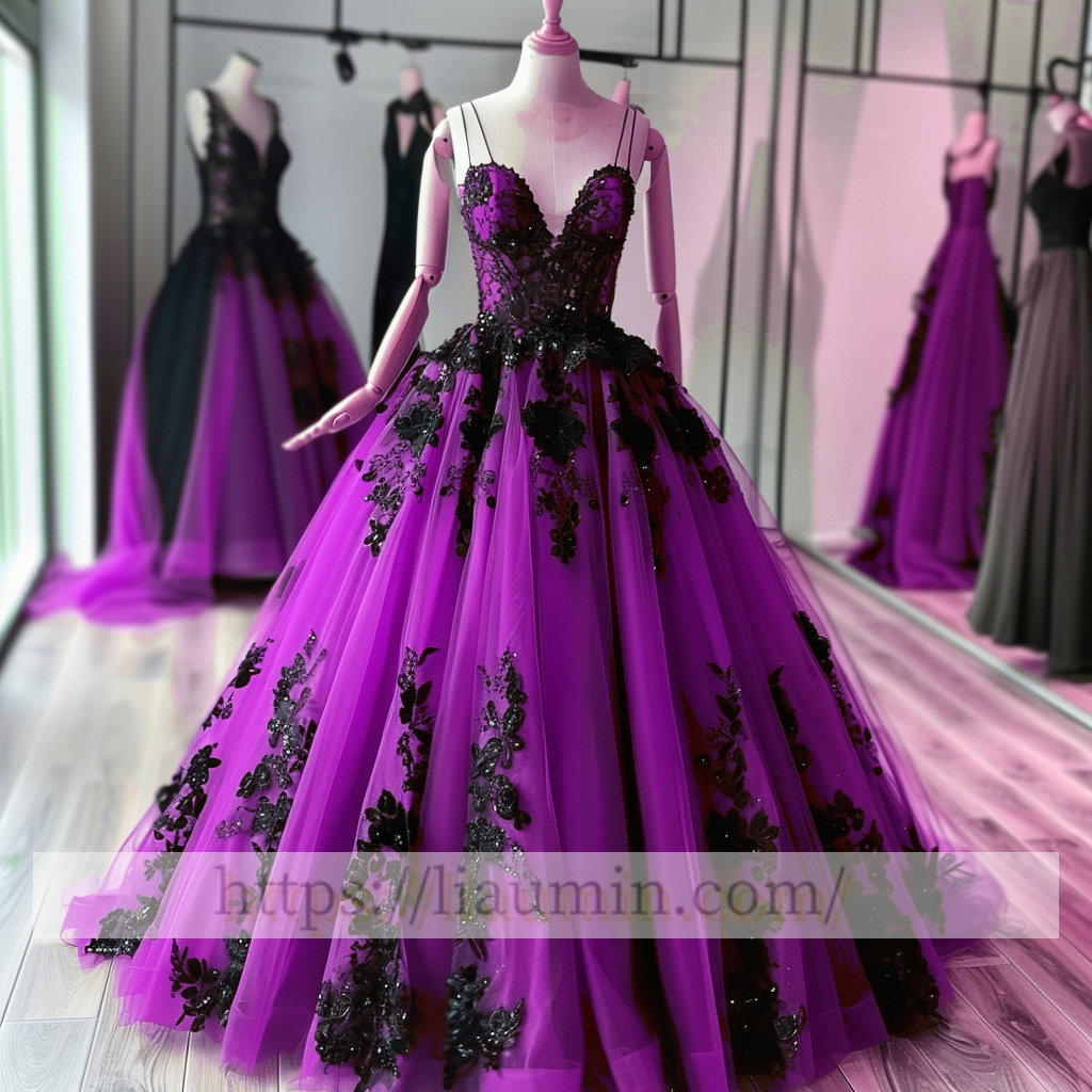 Black Lace Applique Spaghetti Straps V Neck Evening Party Prom Princess Dress  W13-2