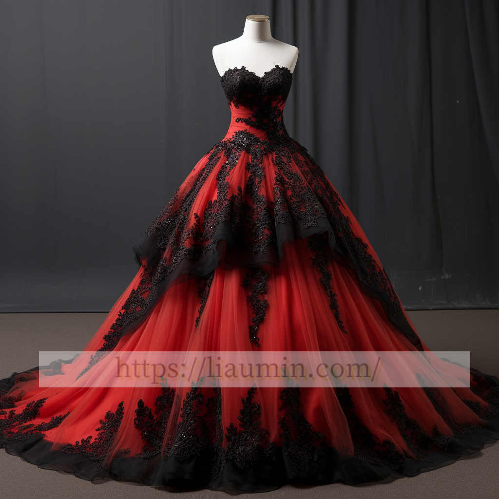Red and Black Lace Applique Ball Gown Evening Party Prom Princess Formal Dress W5-2.57