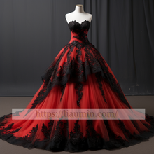 Load image into Gallery viewer, Red and Black Lace Applique Ball Gown Evening Party Prom Princess Formal Dress W5-2.57
