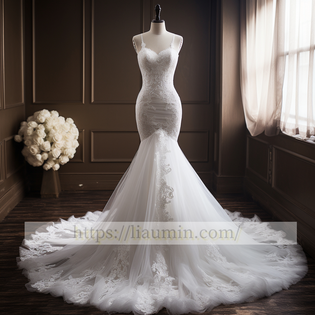 White Mermaid Long Lace Applique  Wedding Dress Prom Princess Dress W5-2.58