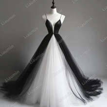 Load image into Gallery viewer, Custom White Black Tulle Strap Wedding Evening Prom Formal Lace Up Back Princess Dress C-2.5
