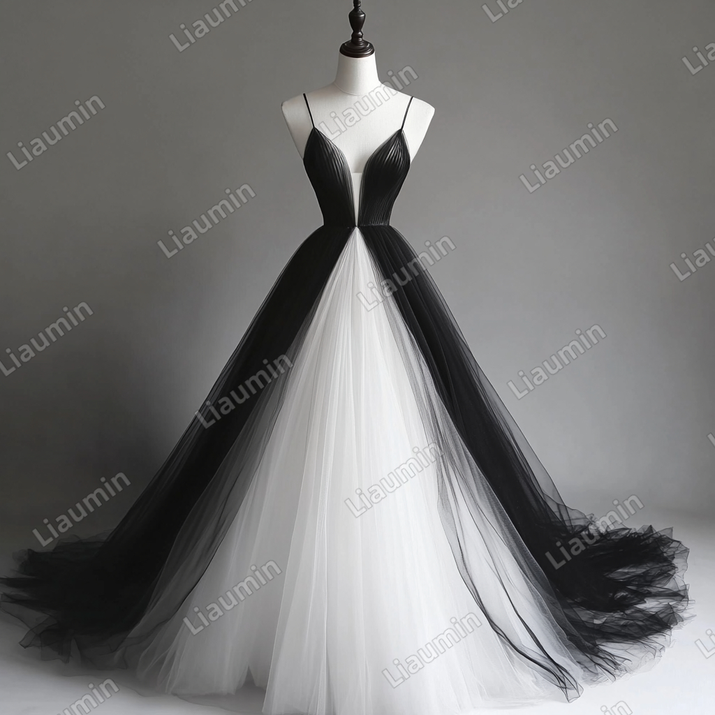 Custom White Black Tulle Strap Wedding Evening Prom Formal Lace Up Back Princess Dress C-2.5