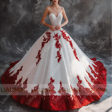 Load image into Gallery viewer, White Tulle Lace Applique Strapless Floor Length Lace-Up Back Wedding Formal Prom Dresses Bridal Gown Customized Made W19-2
