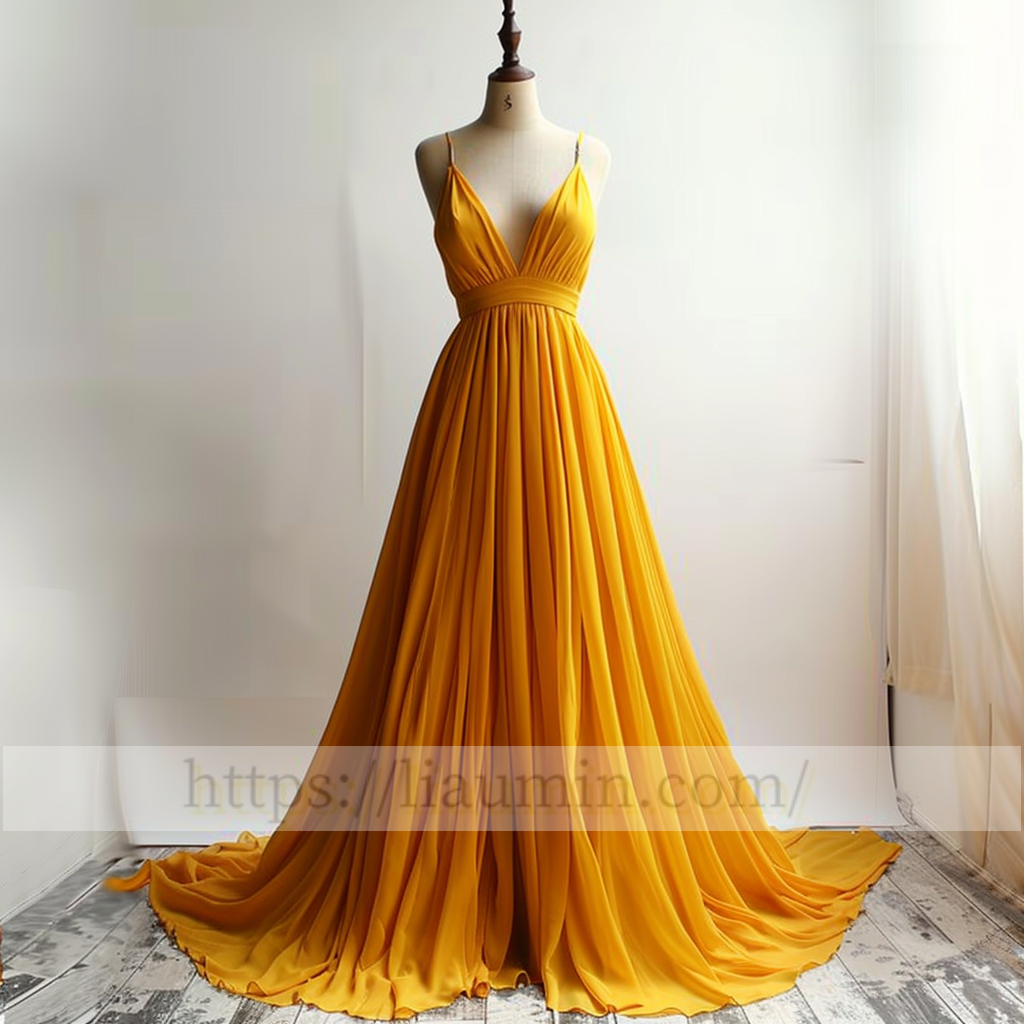 Yellow Full Length Chiffon  V Neck A Line Evening Party Prom Formal Princess Dress Hand Made W15-2.5