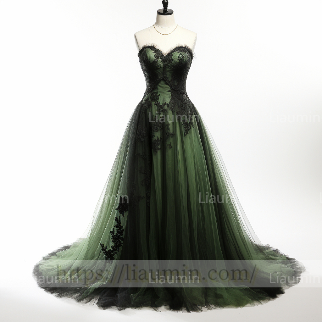 Green Tulle Black Lace Applique A Line Strapless Lace Up Back Evening Party Prom Formal Occasion Princess Dress B-2.5