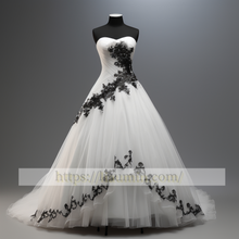 Load image into Gallery viewer, White Tulle and Black Lace Applique A Line Wedding Dress Bridal Gown Prom Princess Dress Custom W5-2.62
