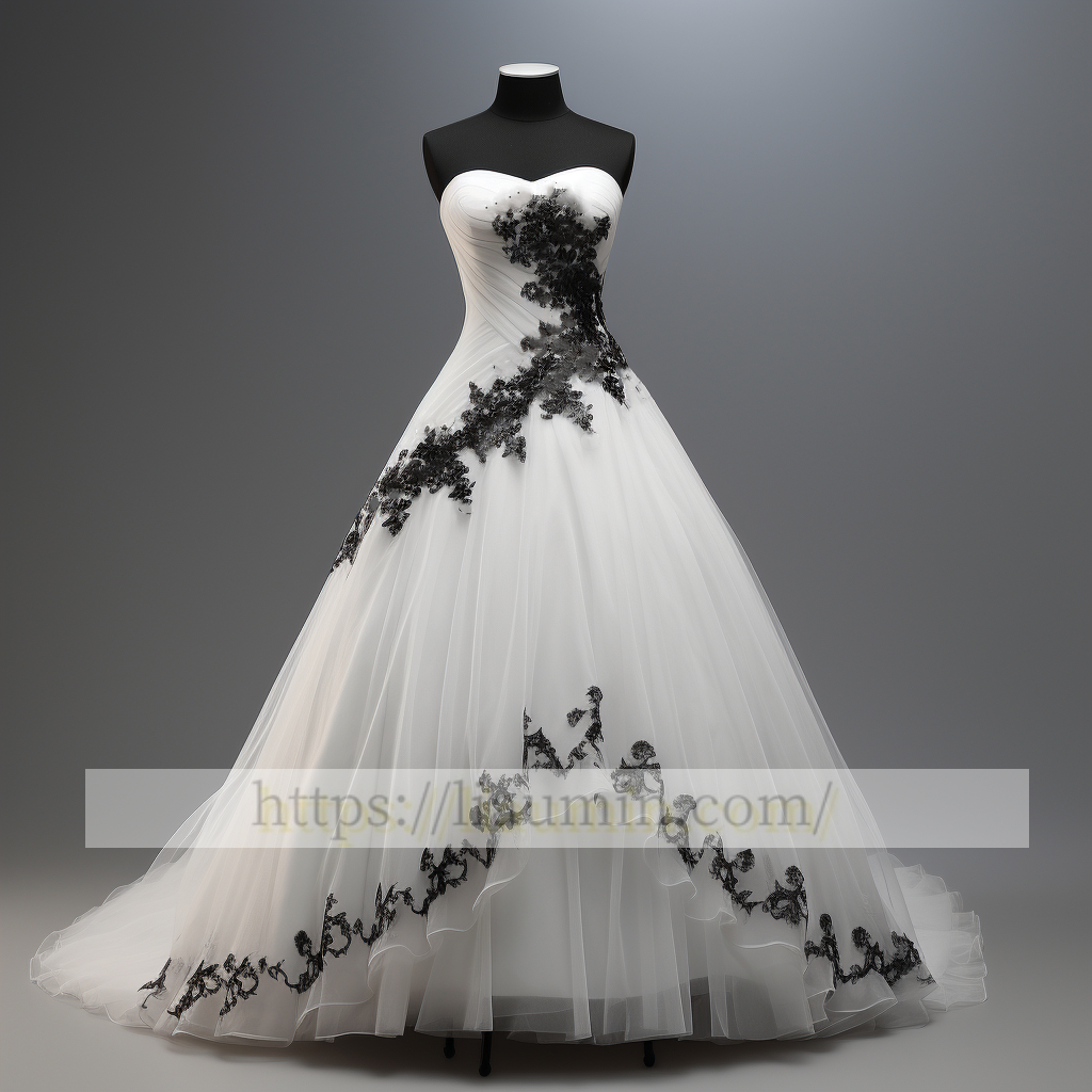 White Tulle and Black Lace Applique A Line Wedding Dress Bridal Gown Prom Princess Dress Custom W5-2.62