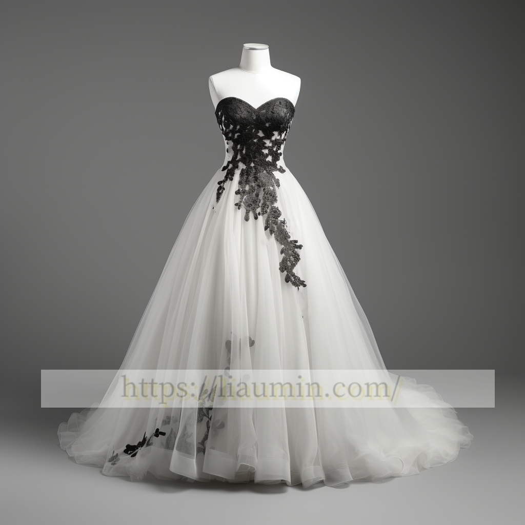 White Tulle and Black Lace Applique Strapless A Line Wedding Dress Bridal Gown Prom Princess Dress Custom W5-2.63