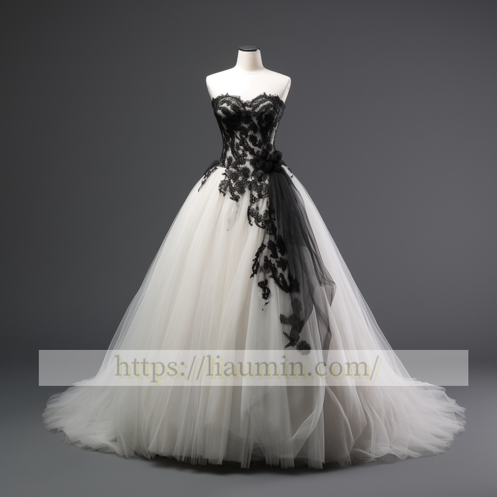 White Tulle and Black Lace Applique Strapless A Line Wedding Dress Bridal Gown Prom Princess Dress Custom Size W5-2.64