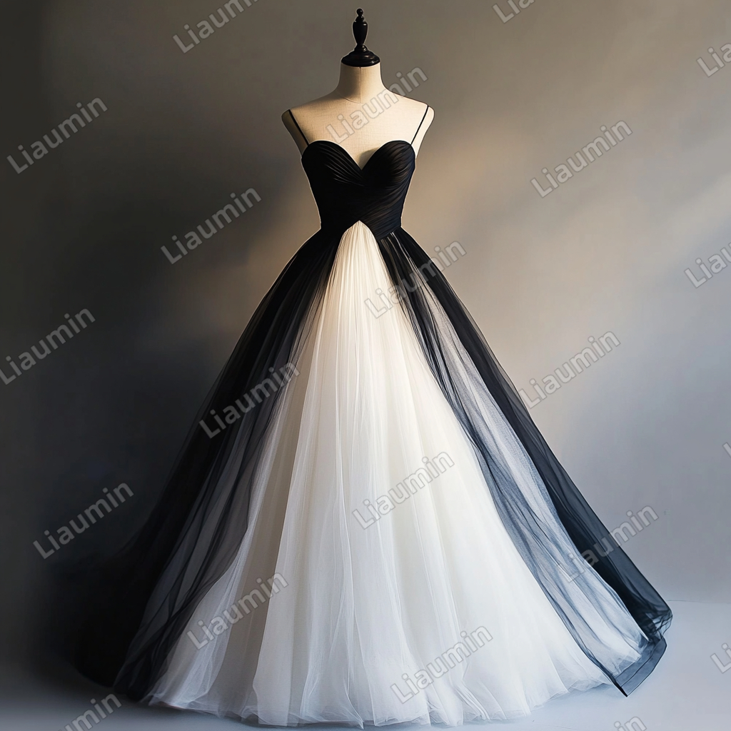 Custom White Black Tulle Strap Wedding Evening Prom Formal Lace Up Back Princess Dress C-2.6